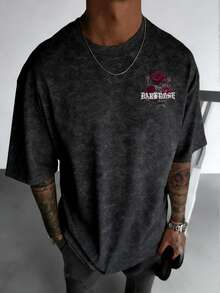 男士休闲百搭简约玫瑰花印花短袖T恤 - 黑色 - 查看 2