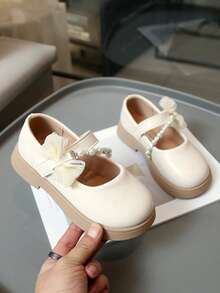 春秋新款可爱蝴蝶结女童鞋，舒适轻便防滑儿童真皮鞋 - 米色 - 查看 4