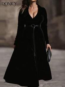 DONICY 加大码女士黑色丝绒深V领系带长款连衣裙，新款春夏时尚优雅连衣裙，适合情人节、狂欢节、约会、派对、正式场合。 - 黑色 - 查看 1