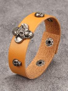 时尚骷髅头合金皮手链，可调节扣环，适合狂欢节、摇滚音乐派对等场合，男女皆宜。