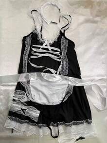 一套女士性感吊带裙蕾丝可爱女仆装套装，包括头带、项圈、腕带和腿环 - 黑色 - 查看 6