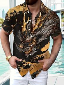 Men'S 3D Dragon Print Shirt - Asian Culture Style, Bold Graphic Print, Short Sleeve, Casual Summer Wear, Black With Golden Accents, Stylish Lapel Collar, Comfortable Fit For Casual Attire - 彩色 - 查看 3