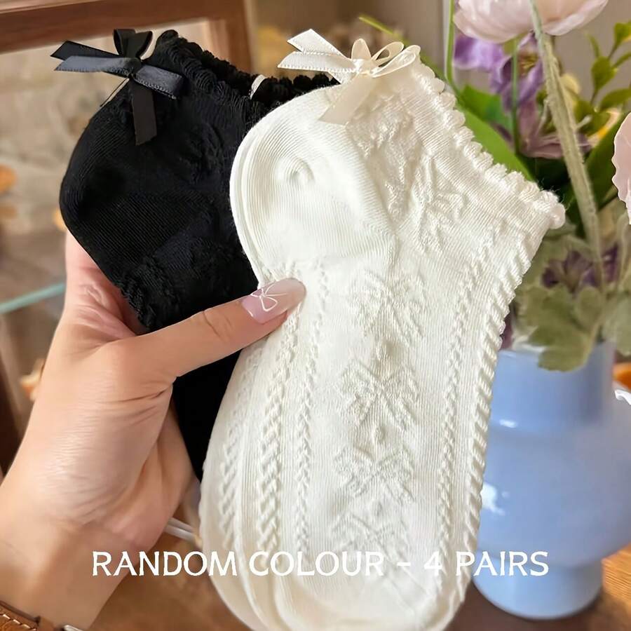 2/4/6双装女士薄款透气短袜，带可爱蝴蝶结、低帮和蕾丝边，夏季 - 彩色 - 查看 1