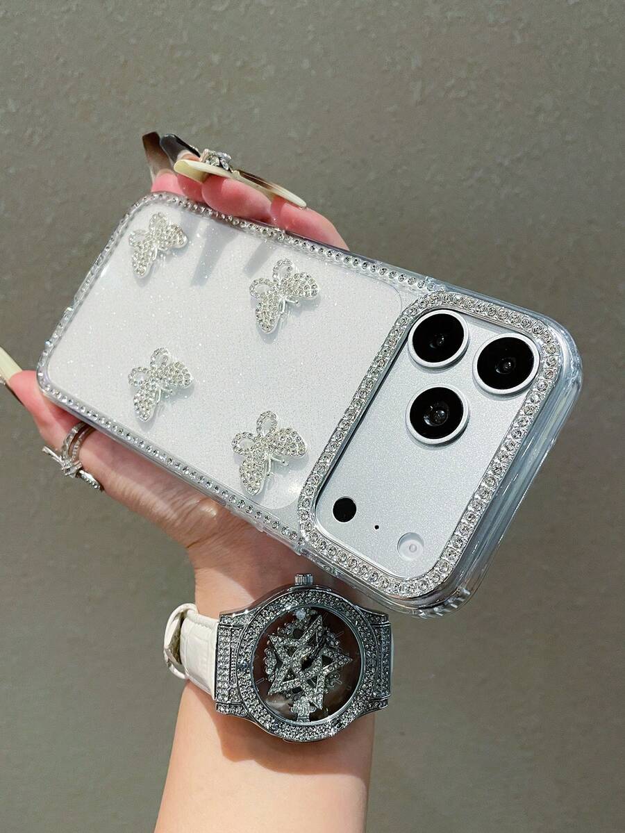 1pc Shiny Transparent Pink Butterfly Decor Full Coverage Phone Case, Compatible With IPhone 17/17 Air/17 Pro/17 Pro Max/16 15, 16 Pro Max; Luxury Phone Case, Compatible With IPhone 13, 14, 12 Pro Max, 11; Shock-Absorbing TPU Protective Cover, Waterproof, Anti-Fall, Anti-Scratch - Clear - View 1