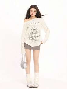 涂鸦露肩T恤防晒披肩，女士宽松长袖薄款空调衫，夏季 - 杏色 - 查看 3