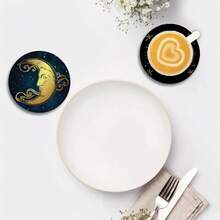 一套6个圆形木质杯垫 - 星月图案，复合木质杯垫，适用于咖啡杯和茶杯，阿拉伯风格派对装饰，家居和餐桌装饰，理想的派对礼物 - 彩色 - 查看 6