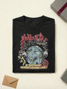 Hell Star Heaven On Earth Records Tee Acid Washed Shirt Unisex Couple Matching Boyfriend Style Hell Star Path To Paradise Text Retro Biker Badge Print Summer Outfits Cotton Graphic Tees Men Oversized T Shirt Summer Clothes Men Fall Clothes Men Winter Clothes - 黑色 - 查看 3