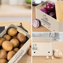 Kitchen Vegetable Storage Set Of 3, Metal Onion Garlic Potato Storage Set, Kitchen Canisters Vegetable Keeper Containers With Aerating Holes And Wooden Lid (Beige) - Beige - View 7