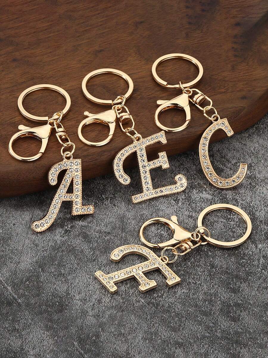 1件男女通用优雅镀金镶钻英文字母钥匙扣吊坠 - 金色 - 查看 1