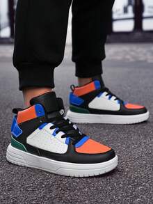 Men's High-Top Skate Shoes, Black White Orange Blue Green Color Block Leather Sneakers With Perforated Toe, Thick Sole Casual Shoes For Streetwear, Comfortable Urban Style Gift For Him​ - 黑藍 - 查看 5