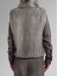 高领无袖女士短款仿毛皮外套，绒面法兰绒，常规下摆 - 灰色 - 查看 6