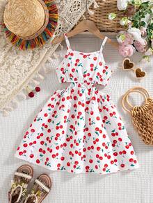 Rochie de vacanță casual fără mâneci, cu imprimeu de cireșe, pentru fete tinere, cu talie goală, albă, de vară - alb - Vizualizare 3