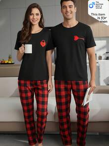 [MEN/WOMEN] Couple Style Pajama Set, Valentine's Day Gift For Men Or Women, Short Sleeve Top + Long Pants Plaid Loungewear Spring/Summer Round Neck Pullover Single Set - 男人 - 查看 3