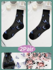 6双/4双/2双/1双 女士彩色蝴蝶花朵中筒袜，薄网眼面料，时尚可爱镂空设计，夏季 - 彩色 - 查看 14