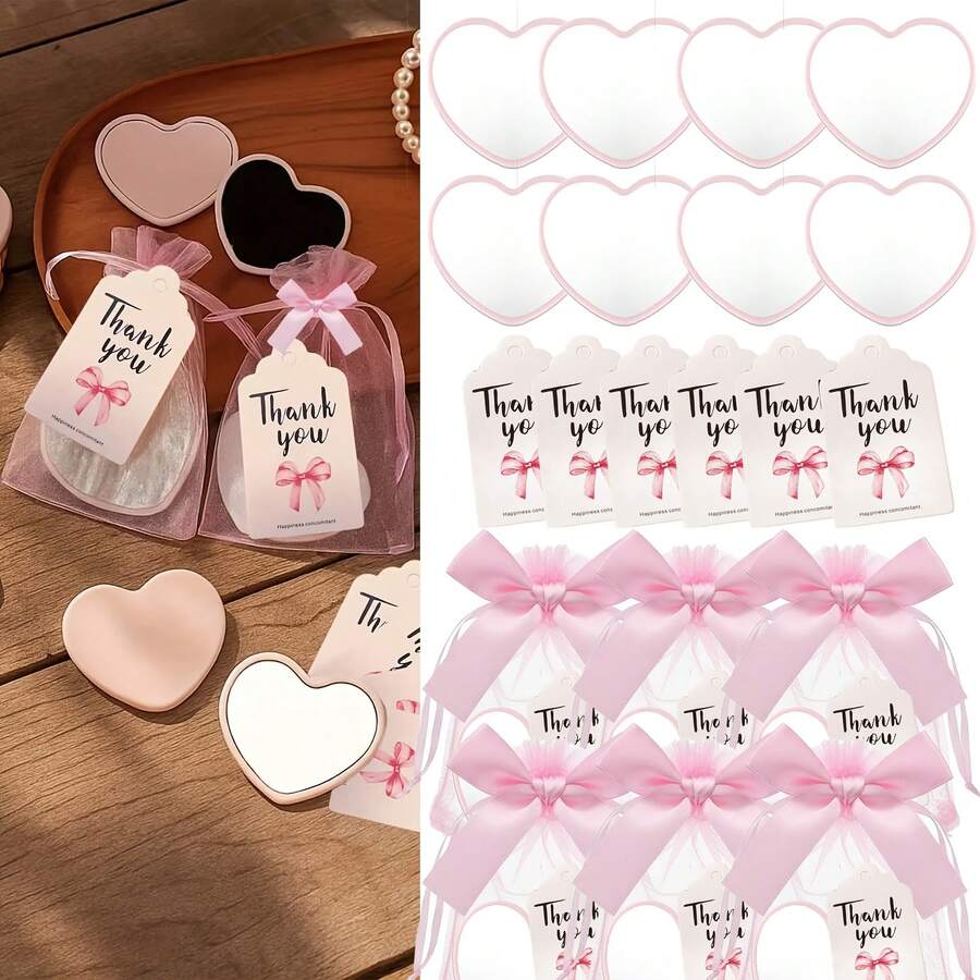 18pcs/6sets Pink Mirror Card Pouch Set, Includes 6 Mirrors, 6 Zipper Pouches And 6 Thank You Cards. The Set Contains A Heart-Shaped Makeup Mirror, A Clear Bag, And A Cute Portable Small Mirror, Perfect As A Wedding Or Party Gift.