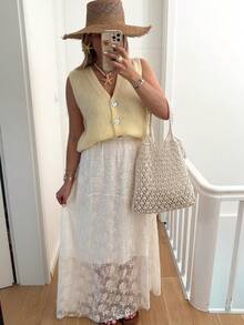 女士V领前开襟纽扣宽松休闲可爱针织背心，无袖，春夏上衣 - 黃色 - 查看 7