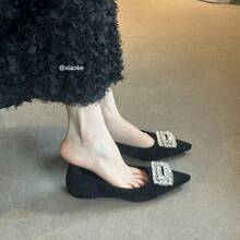 Zapatos de mujer elegantes de estilo francés que aumentan la altura, primavera 2025, punta afilada, hebilla cuadrada de rhinestone, zapatos planos de noche a juego - Plateado - Ver 1