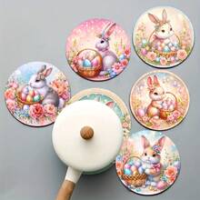 6件套复活节彩蛋和兔子木质杯垫套装 - 耐热、防滑、耐高温餐垫，适合家庭、办公室和主题派对礼品 - 6 - 查看 5