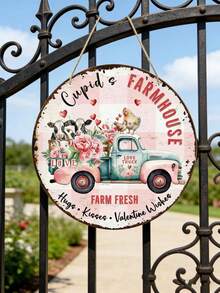 Cupid's Farmhouse Love Truck Valentine Wreath Sign - Wooden Round Decorative Door Sign, Suitable For Home, Kitchen, Garden, And Outdoor, Perfect Holiday Gift - Multicolor - View 8