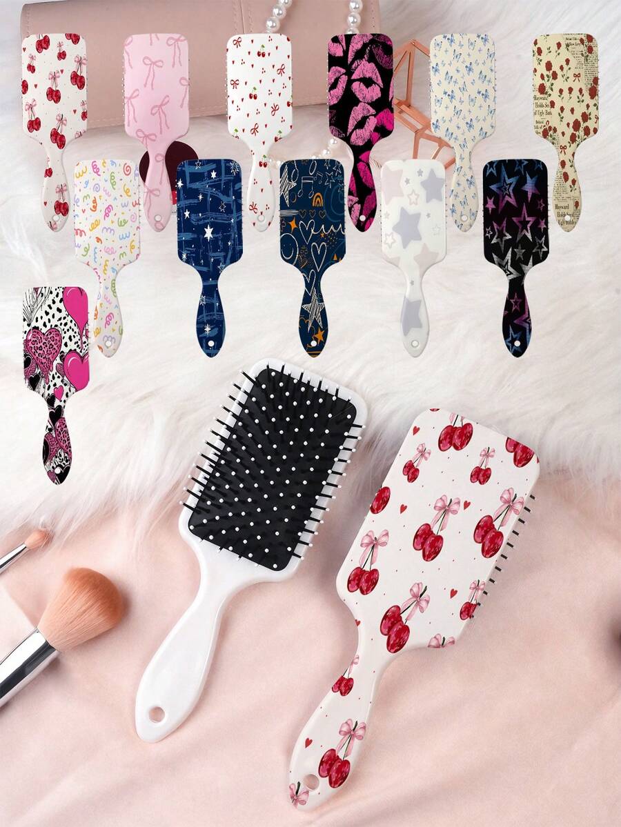 1pc Y2K Aesthetic Series Air Cushion Comb, Featuring Unique Y2K Style Elements Such As Cherry, Butterfly, Heart, Lip Print, Bow, Flower, Candy Patterns, Designed Delicately, Straight Hair Brush, Made Of PC+TPU Material. - Multicolor - View 1