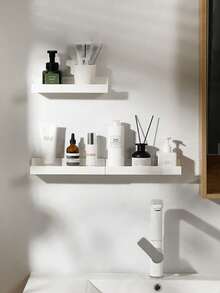 1pc White No Drilling Wall-Mounted Floating Storage Rack (With Strong Adhesive Strip) - Made Of Thickened Plastic Material, Modern And Minimalist Saves Space, Easy To Install And Remove Without Leaving Traces.