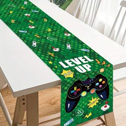 1pc 70.87*13.78 Inch Green Gaming Theme Polyester Table Runner, Game Theme Party Supplies, Baby Shower Party, Gaming Theme Birthday Party Table Decor