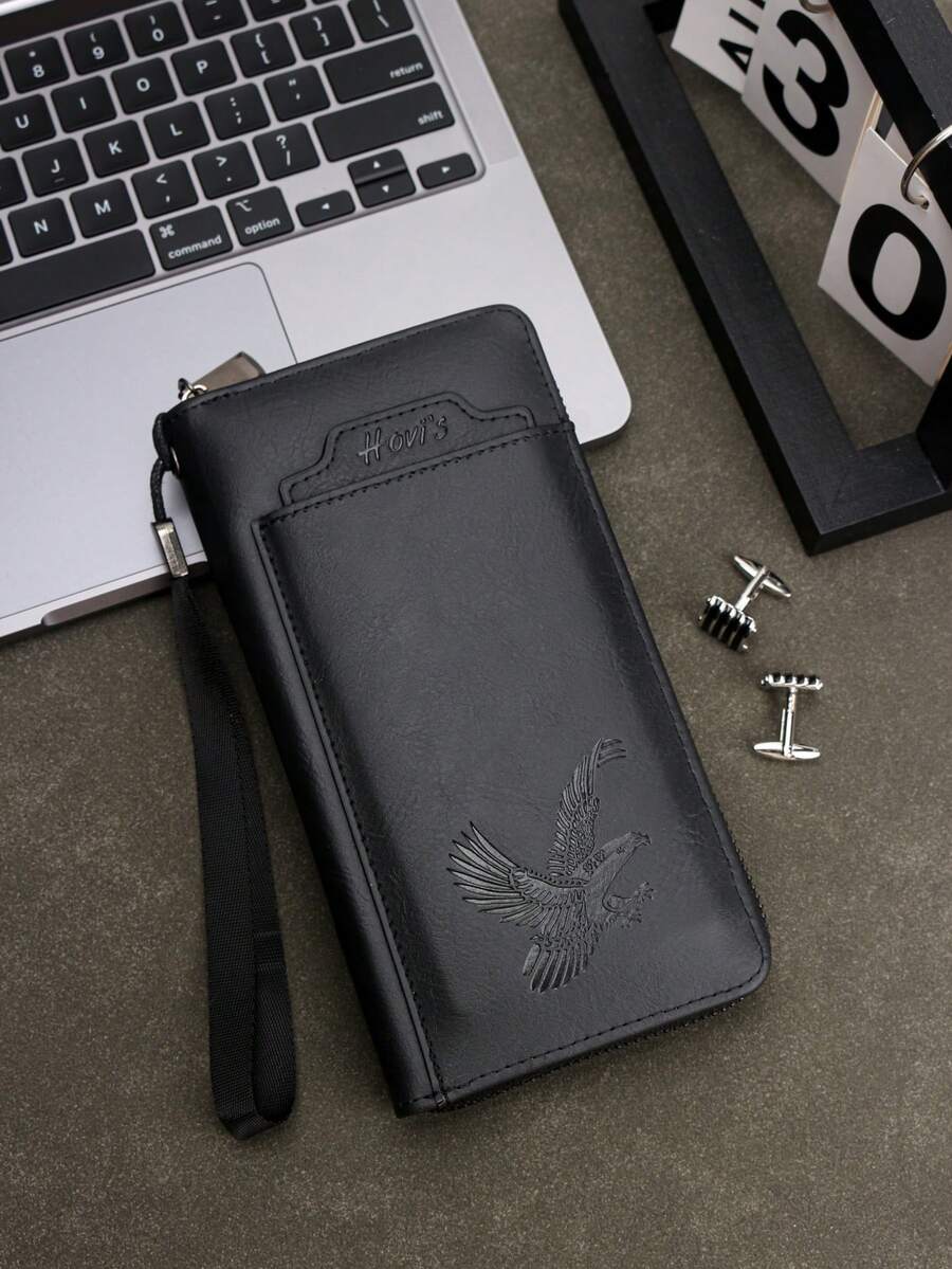 HOVI'S 男士长款拉链钱包 - 棕色高品质布料钱包，饰有老鹰压纹，可拆卸卡套和腕带，12个以上卡位+手机隔层，2024商务钱包