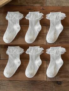6 Pairs Baby/Toddler Lace Trim White Mid-Calf Socks, Spring - White - View 12