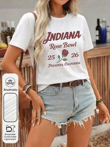 Women's Daily 2026 Indiana Rose Bowl Graphic Crew Neck Short Sleeves Casual Summer Women's Tops ,College Football Graphic Women's White T-Shir - White - View 5