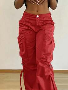 Y2K街头风工装裤，翻盖口袋，系带细节，宽松休闲阔腿轻便长裤，女士春季款 - 紅色 - 查看 5