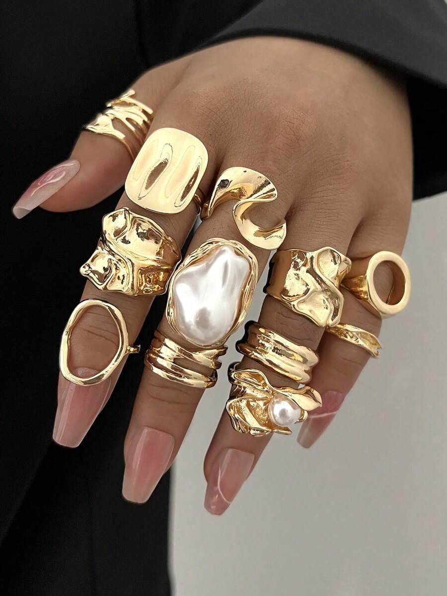 14/12/3pcs Set Asymmetrical Shaped Faux Pearl Flower, Geometric, Liquid, Round, Hollow, Multilayer Metal Textured Rings, Oversized, Chunky, Fashionable, Elegant, Vintage, Suitable For Holiday, Party, Date, Gift, Daily Wear - 12PC - View 1
