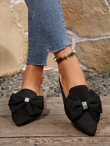 黑色平底拖鞋，饰有蝴蝶结，尖头无后跟乐福鞋，女士春秋新款休闲拖鞋，优雅的驾驶鞋，适合办公室/通勤穿着。 - 黑色 - 查看 5