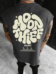 Zrgoth 男士休闲百搭 Moon Thief 英文标语印花背心，夏季款 - 深灰色 - 查看 2