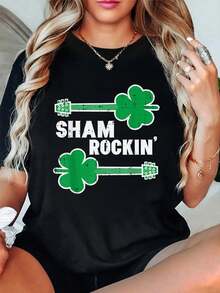 100% Cotton St Patricks Day Guitar Shamrockin Irish Rocker Boys Kids Men T-Shirt Graphic Tee Summer Tops For Women Round Neck Fashion Shirts - 黑色 - 查看 1