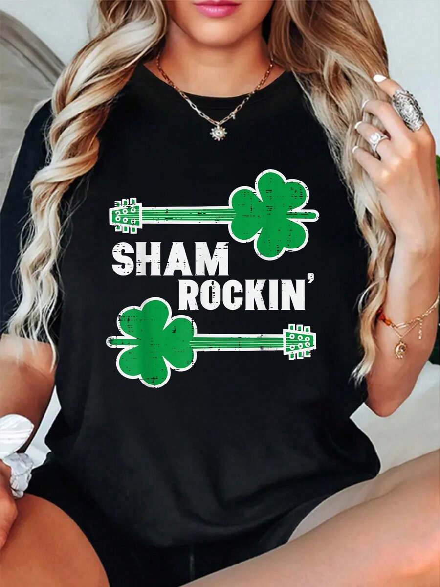 100% Cotton St Patricks Day Guitar Shamrockin Irish Rocker Boys Kids Men T-Shirt Graphic Tee Summer Tops For Women Round Neck Fashion Shirts - 黑色 - 查看 1