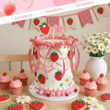 D36 Pcs Strawberry Cake Topper Fake Strawberry Cake Decorations Daisy Flowers Plaid Bow Birthday Party Wedding Plies - As Pic - View 6