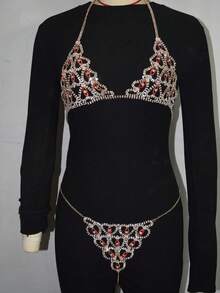 Dây áo ngực gợi cảm, quần lót bikini bạc, dây đeo cơ thể lấp lánh, quần lót pha lê - Vòng tay hình trái tim đính kim cương đỏ - Vàng - Xem 13