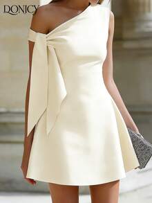 DONICY Women's New Elegant White Asymmetrical Shoulder A-Line Mini Dress With Draped Sleeves - Casual Chic Party Dress, Suitable For New Year Gatherings, Valentine's Day Dates, Carnival Parties, And Everyday Casual Occasions - Apricot - View 4