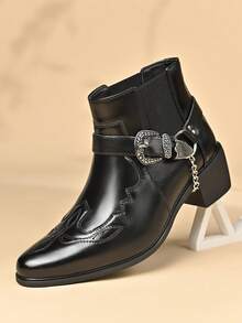 1双男士尖头PU皮鞋面橡胶鞋底轻便舒适商务休闲切尔西靴，适合休闲活动 - 黑色 - 查看 12