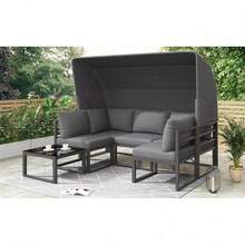 Garten Loungesessel Set, Iron Sunny Island Sitzgruppe Hocker und Tisch mit Markise 4er Set Balkon und Garten Loungemöbel Terrassenmöbel Wetterfest Grau Inkl. aller Kissen(previous sku:HW24006AAA) - Standard - Übersicht 7