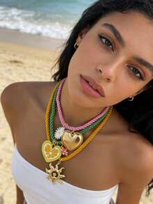 ZA 女士彩色多层项链 - 编织绳珐琅吊坠 | 柠檬心形雏菊旭日图案 | 情人节礼物 海滩度假配饰