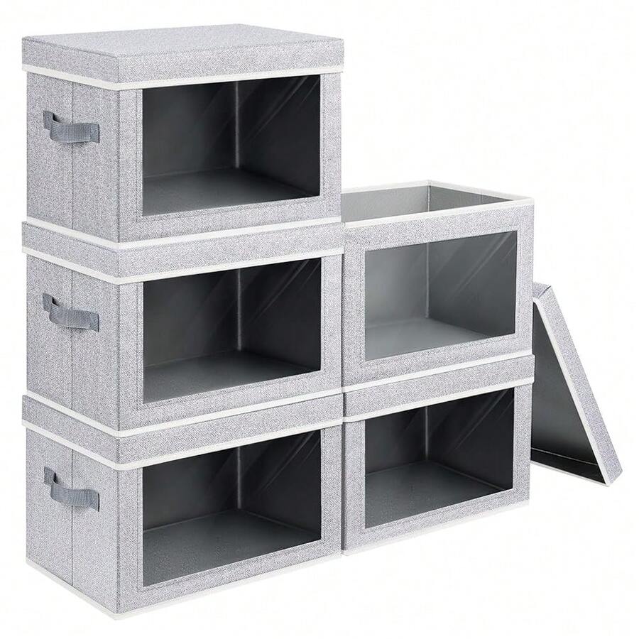 Caja de almacenamiento con tapas - Paquete de 5 contenedores de almacenamiento plegables con ventana transparente, grandes contenedores de almacenamiento decorativos con asas, contenedores de almacenamiento para ropa, toallas, mantas, sábanas, gris claro - Gris claro - Ver 1