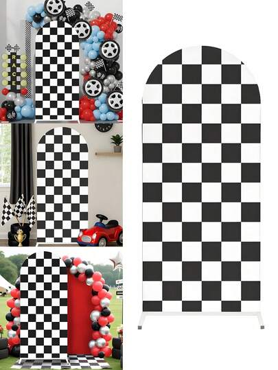 1 pieza Telón de fondo con arco a cuadros en blanco y negro, tela de fondo de poliéster con tema de carreras, decoración de fiesta con tema de carreras, cubierta de tela con arco, decoración de boda, se puede combinar con decoración de globos, decoración de fiesta de cumpleaños con tema de carreras, suministros para despedida de soltera, decoración del hogar, accesorio de fotografía