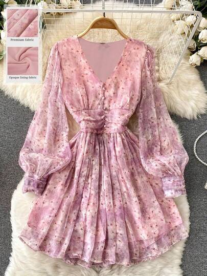 ALA Women's Summer French Romantic Purple Tie Dye Floral Waist Cinched Puff Sleeve Chiffon Plus Size Mini Dress, V-Neck Ruched Waist Pleated Pink Tea Dress, Suitable For Summer Outings, Beach Vacation, Valentine's Day, Party Spring Elegant