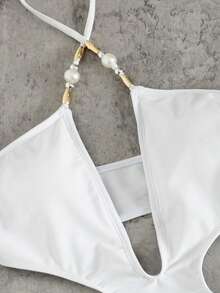 Bộ 2 bộ bikini một mảnh hở lưng phối ren đính hạt thanh lịch, trang phục đi nghỉ cho mùa xuân/hè - trắng - Xem 5