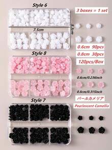無味 120入 8mm+6mm 極光山茶花/玫瑰樹脂美甲飾品（透明/白色/黑色混色），簡約可愛設計，高光澤 3D 平底易貼附；適用於婚禮、節日及各種場合，可用於美甲設計（兼容梯形、法式杏仁、長/短、橢圓、方型指甲）與珠寶手工、畢業帽裝飾、手機殼 DIY；風格涵蓋日韓與歐美，四季通用美甲飾品，適合女性與兒童 - 彩色 - 查看 9