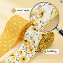 2 Rolls Floral Ribbon With Wire, 2.5 Inch Wide X 10 Yards Long, Total 2 Rolls; Yellow Rain Boot Pattern Spring Ribbon, Plaid And Polka Dot Print, Suitable For Summer Crafts, Gift Wrapping, Wreaths, Bows, Basket Decor - Yellow - View 5