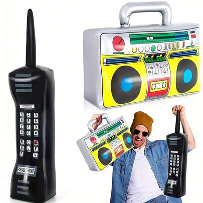 2pcs 90s 80s Inflatable Radio, Boombox, Party Decor Phone Shaped Inflatable Toy, Broadcast Hip Hop Theme Disco Birthday