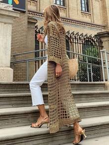 Women's Solid Color Hollow Long Cardigan, Suitable For Vacation Outfits - Brown - View 3