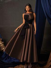 Smilprince 女士优雅蝴蝶结装饰长款晚礼服，高端正式礼服，适合盛大婚礼派对 - 棕色 - 查看 7